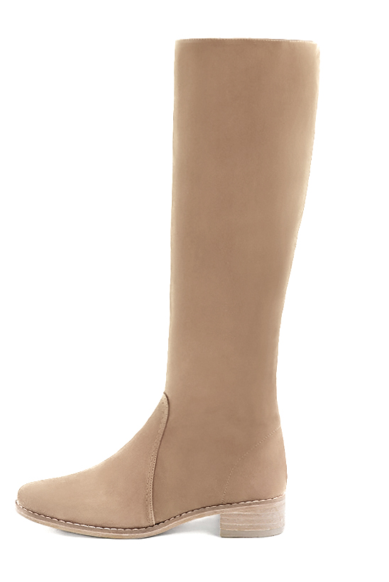 Tan beige women's riding knee-high boots. Round toe. Low leather soles. Made to measure. Profile view - Florence KOOIJMAN